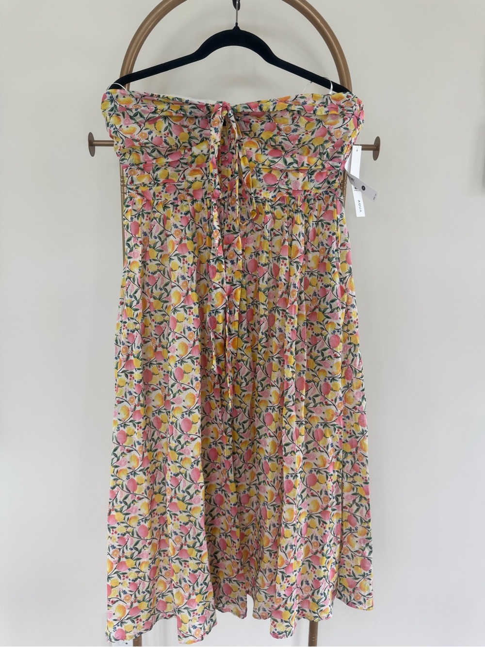 Aqua Pink, Yellow & Cream Fruit-Print Strapless Smocked Dress